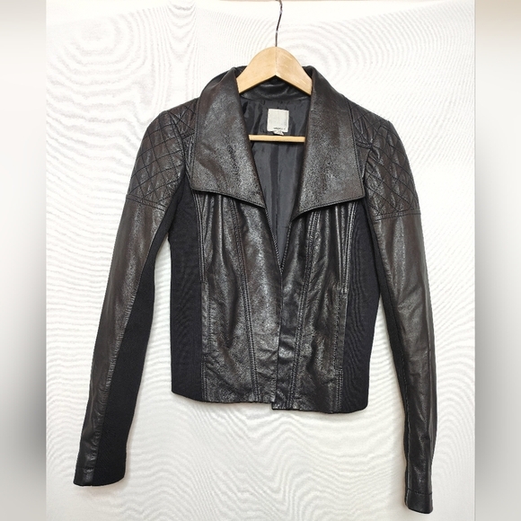 Halogen Quilted Lamb Leather Moto Open Front Jacket Stretch Knit Panel Black S - Picture 2 of 11